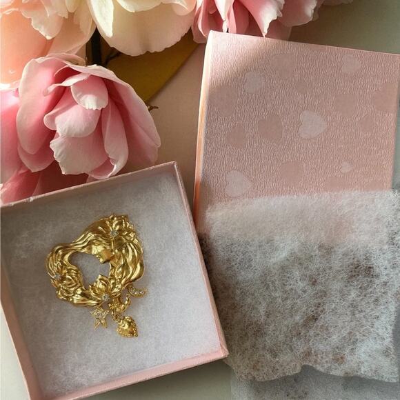 Kirk’s Folly Art Nouveau Lady of The Lake Face Gold Tone Rhinestone Brooch Pin - Picture 7 of 7